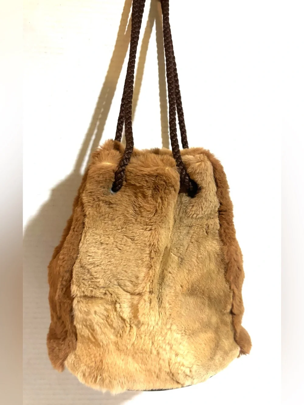 Faux Fur Drawstring Bucket Bag - Brown